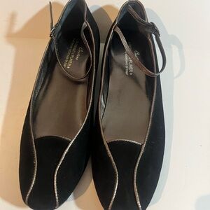 Donald J Pliner ankle strap ballet flats shoe black suede metallic bronze 8
